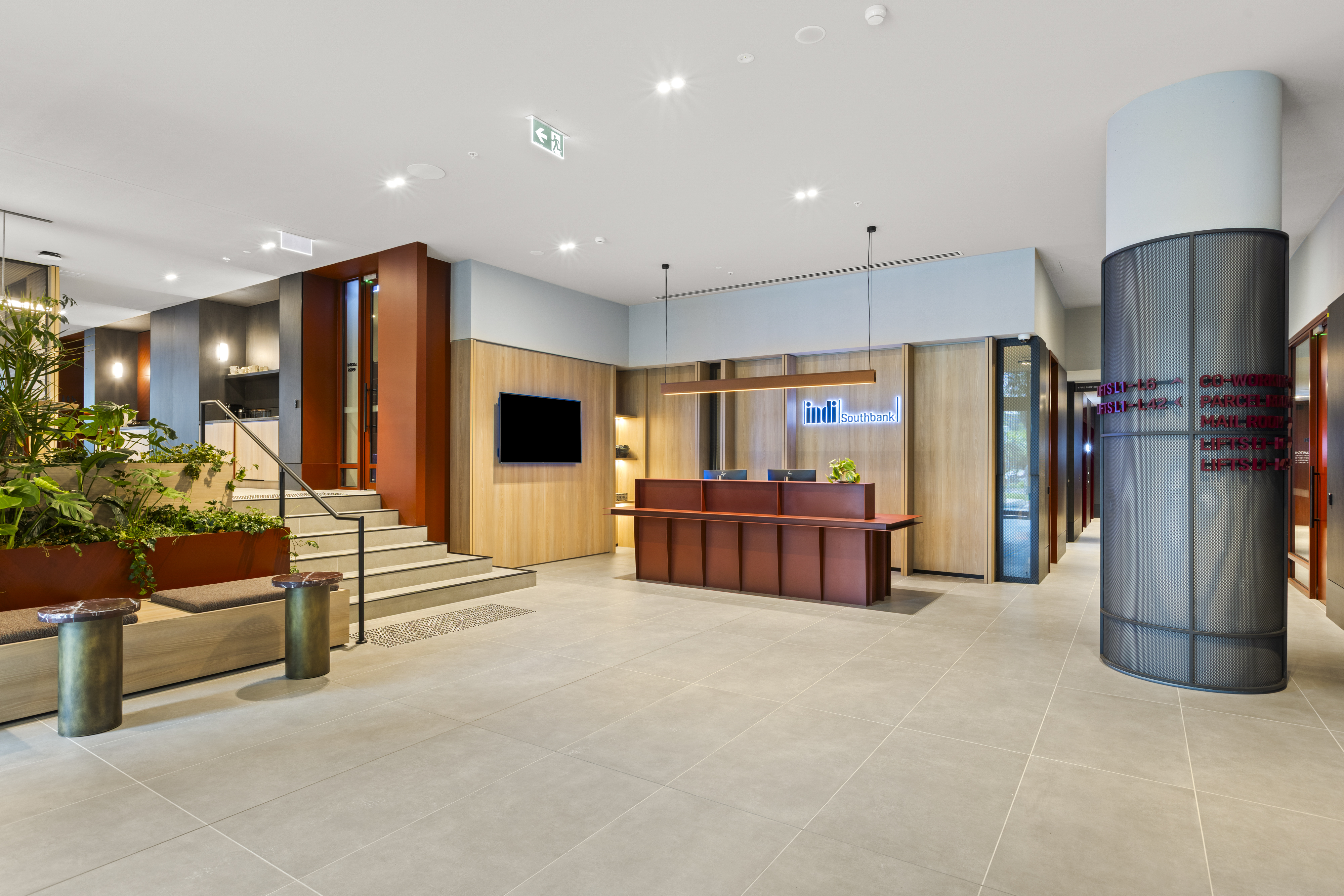 No.1 Queens Bridge arrival lobby and material palette